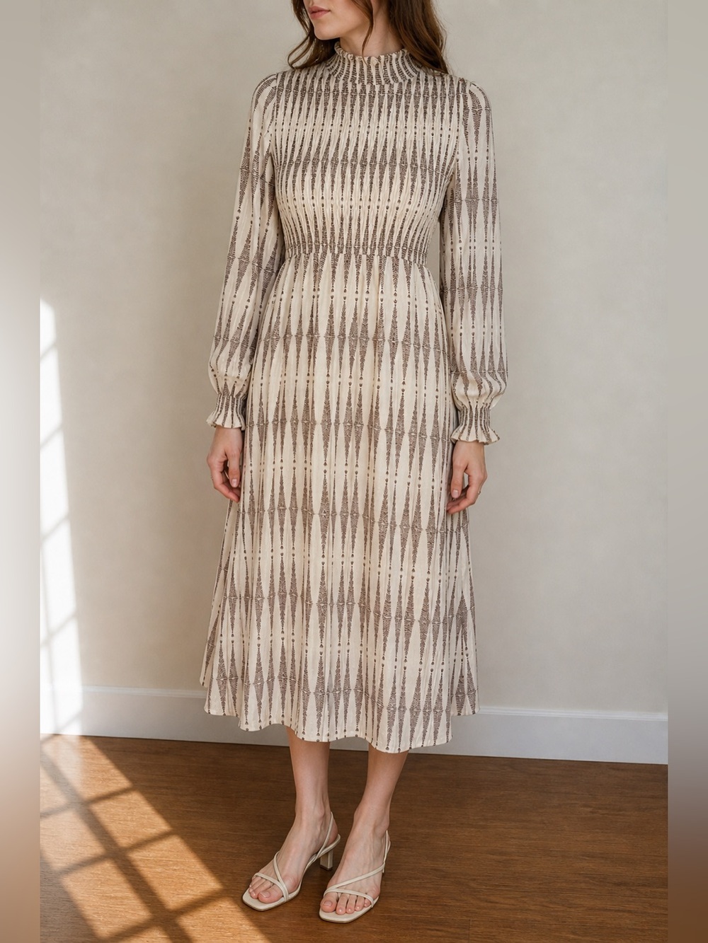 Cottagecore Midi Dress Small Long Sleeve Neutral Pattern Modest Cream and Brown